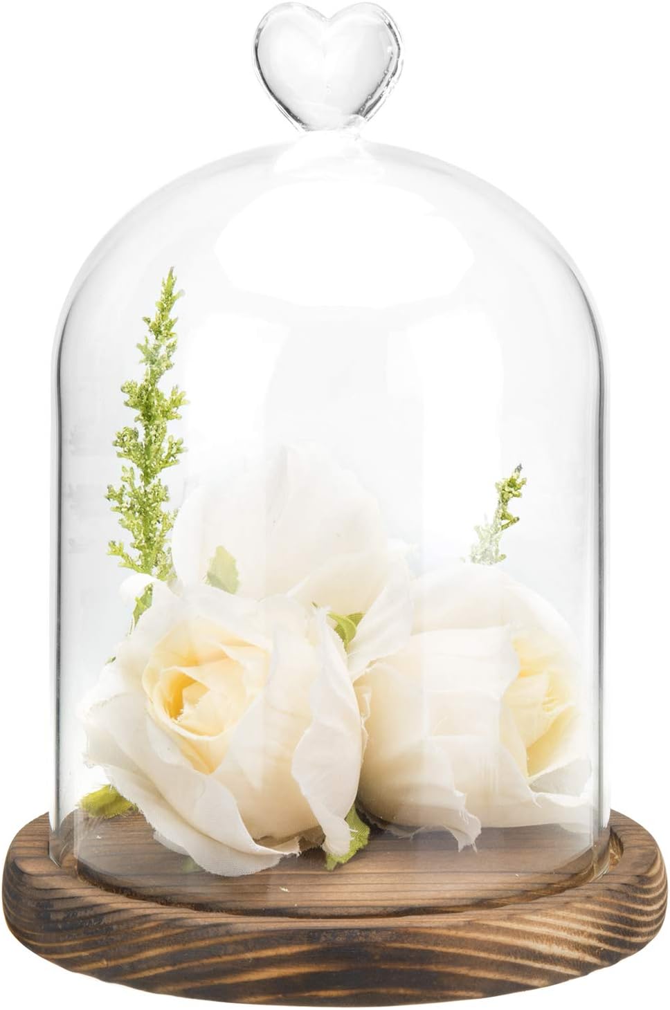 MyGift 6 Inch Small Clear Glass Cloche Bell Jar Display Case with Heart Top Handle and Dark Brown Wooden Base (5.6 x 7.6)